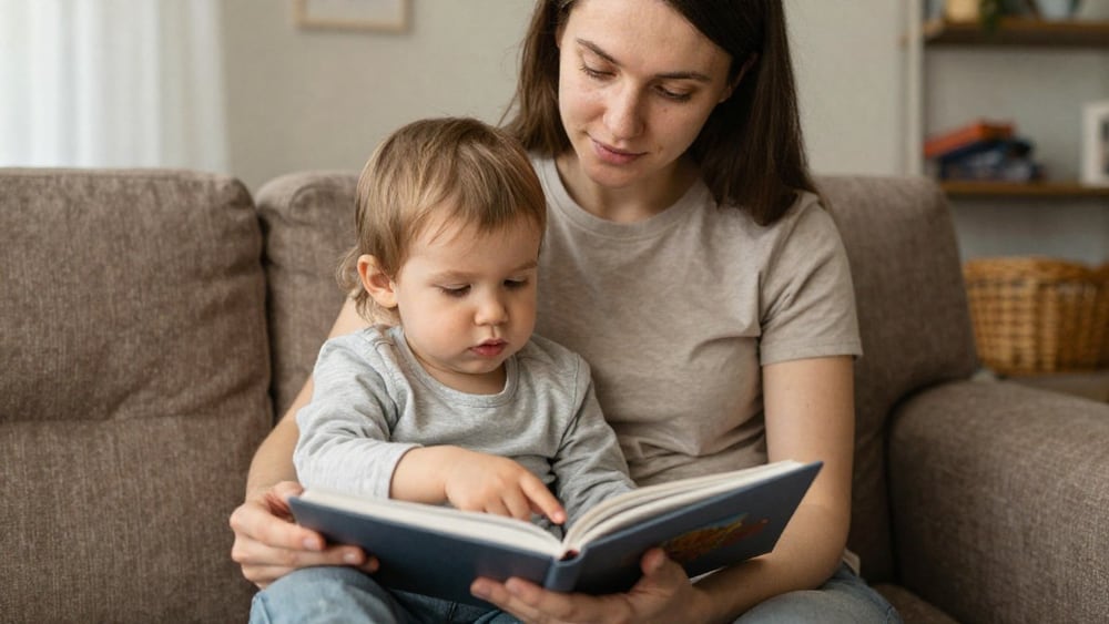 Мама рассматривает с малышом книжку с картинками, малыш показывает пальцем